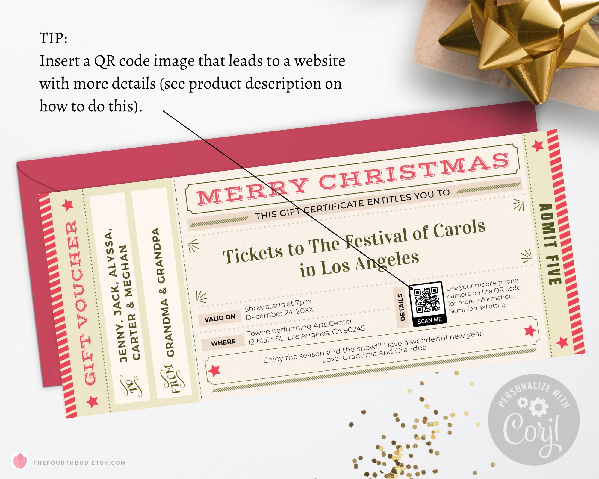 Fun Christmas Gift Voucher Template / Editable Event Ticket Voucher or Gift Certificate / Red
