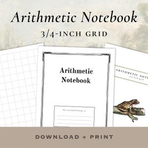 May include: An arithmetic notebook with a 3/4-inch grid, featuring a cover with the text Arithmetic Notebook and a section for ownership details. The set includes pages with a grid pattern and a cover illustration of a frog on a branch.
