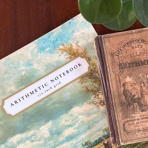 May include: An arithmetic notebook with a blue sky and landscape cover featuring the text ARITHMETIC NOTEBOOK 1/2-inch grid, placed next to a vintage brown book titled Ray's Intellectual Arithmetic with an illustration of people on the cover.