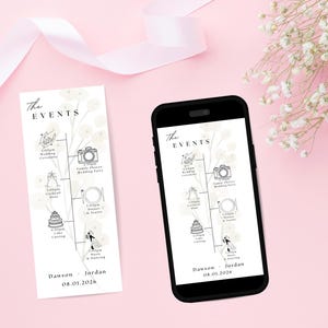 Pode incluir: Um smartphone preto e um cartão branco exibem um itinerário de casamento com o texto "The Events". O itinerário inclui desenhos de uma cerimônia de casamento, hora do coquetel, corte do bolo e recepção. O fundo é rosa com flores brancas e uma fita rosa.