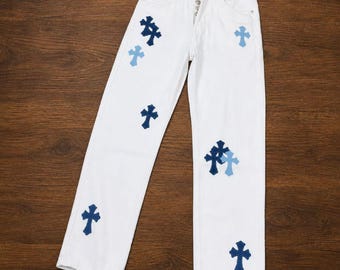 White Cross Patch Straight Leg Jeans | Y2K Gothic Streetwear Denim Pants