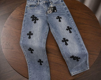 Pantalones vaqueros azules con parche de cruz / Pantalones de estilo gótico Y2K para hombre y mujer.