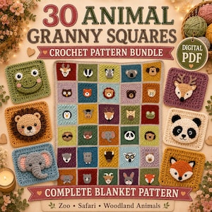 Op de afbeelding: Een digitaal PDF-haakpatroonpakket met 30 dieren-granny squares. De afbeelding toont een grote deken samengesteld uit diverse kleurrijke vierkanten, elk met een gehaakt dierengezicht, omringd door losse voorbeelden van dierenvierkanten.