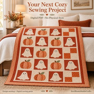 Ghost and Pumpkin Quilt Pattern PDF, Halloween Applique Throw, Autumn Patchwork Sewing