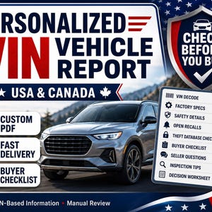 May include: A digital graphic for a personalized VIN vehicle report for the USA and Canada. It features a silver SUV, a checklist of report contents including factory specs and safety details, and text stating Check Before You Buy and Fast Delivery.