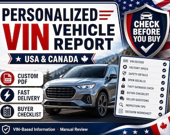 Personalized VIN Vehicle Report & Used Car Buyer Checklist | USA Canada Digital PDF
