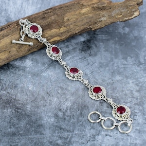 Natural Ruby Bracelet 925 Sterling Silver | Handmade Faceted Ruby Link Bracelet | July Birthstone Gift for Women Jewelry