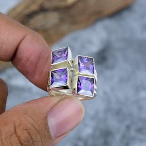 Anillo apilable hecho a mano con amatista natural, anillo con gema de corte cuadrado, anillo de plata de ley 925 con múltiples piedras, joyería bohemia hecha a mano, anillos.