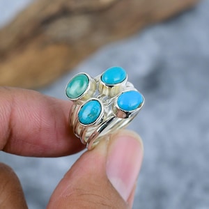 Natuurlijke turquoise stapelring, 925 sterlingzilver multi-stenen ring, handgemaakte boho stapelring, verstelbare minimalistische sieraden cadeau, ringen