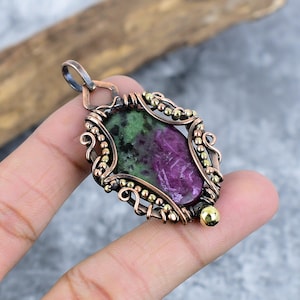 Natural Ruby Zoisite Copper Wire Wrapped Pendant Jewelry, Handmade Wire Wrapped Jewelry, Anyolite Gemstone Necklace, Green Pink Stone Gift