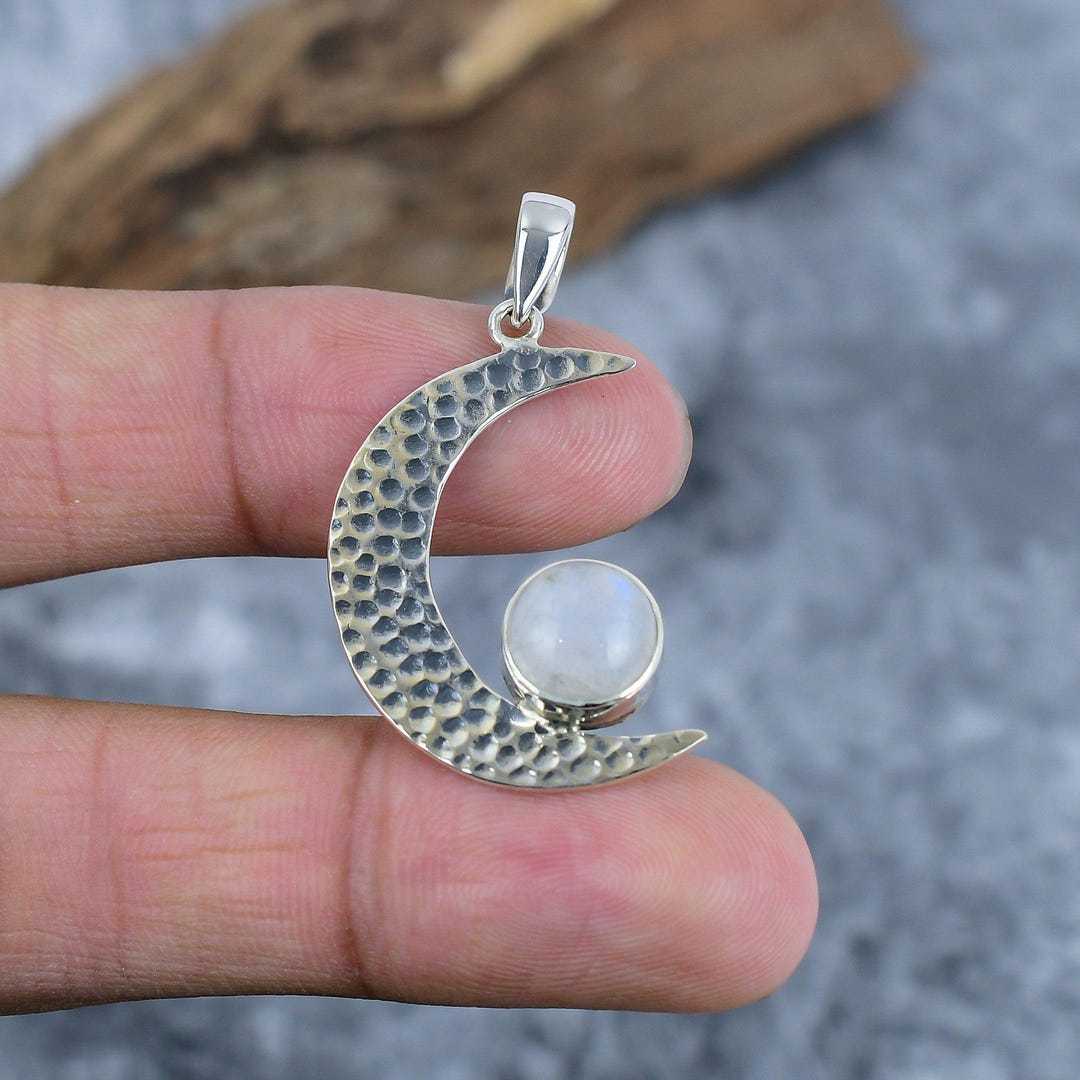 Natural Moonstone Crescent Moon Pendant, 925 Sterling Silver Celestial ...