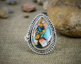 Natural Spiny Oyster Turquoise Teardrop Ring Sterling Silver Southwestern Boho Statement Jewelry