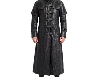 Men's Black Leather Long Trench Coat Belted Winter Fashion Jacket