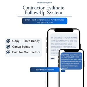 May include: Image promoting a contractor estimate follow-up system. The graphic includes text templates, copy-paste ready features, and Canva editing capabilities. Two smartphones display example text messages. The system is built for contractors.