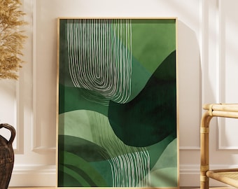 Minimalistyczna abstrakcyjna zielona sztuka ścienna – nowoczesny plakat botaniczny, organiczny współczesny wydruk, nowoczesna grafika geometryczna
