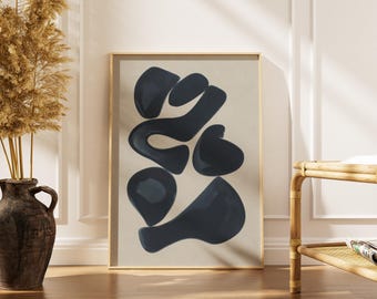 Abstrakcyjna sztuka ścienna | Granatowy minimalistyczny plakat | Wydruk z organicznymi kształtami | Nowoczesny wystrój skandynawski