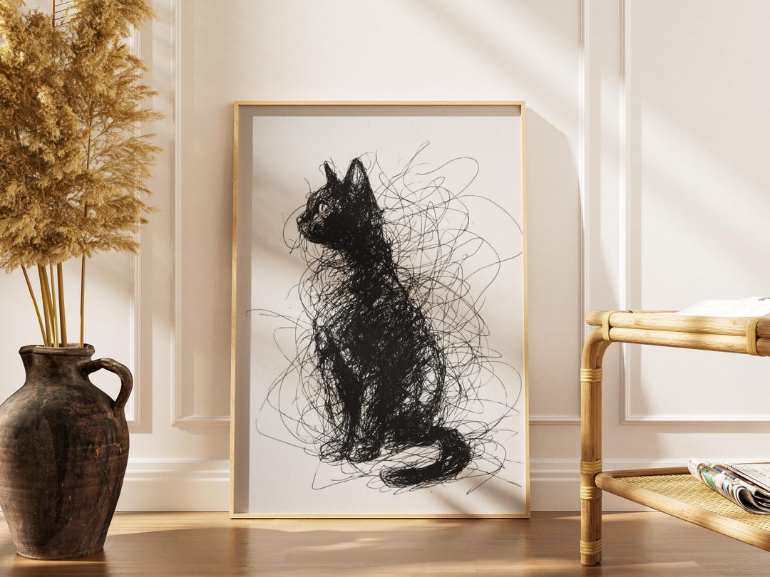 Black Cat Scribble Art Print | Minimalist Abstract Wall Decor | Museum ...