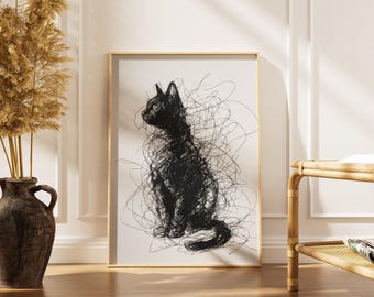 Wydruk artystyczny z bazgrołami czarnego kota | Minimalistyczna, abstrakcyjna dekoracja ścienna | Plakat z papieru muzealnego