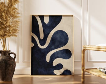 Abstrakcyjna sztuka ścienna | Granatowy, organiczny wzór | Nowoczesny plakat | Minimalistyczny, czysty wystrój domu