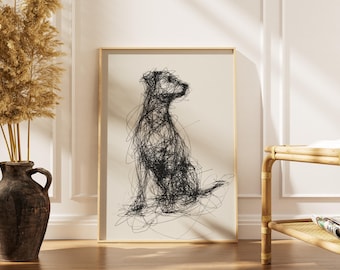 Nadruk z siedzącym psem | Ekspresyjny plakat z grafiką liniową | Minimalistyczna dekoracja ścienna z psem