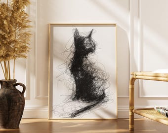 Czarny kot, bazgroły | Plakat z ekspresyjną sylwetką | Minimalistyczna sztuka kotów