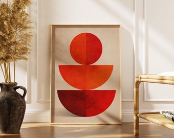 Abstrakcyjny wydruk artystyczny „Koło” | Plakat z geometrycznymi kształtami w stylu retro | Dekoracja ścienna w kolorze terakoty i pomarańczy | Wydruk w stylu boho