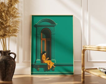 Plakat z kobietą czytającą | Plakat z ilustracją retro | Musztardowo-turkusowa grafika ścienna | Minimalistyczna dekoracja z postacią