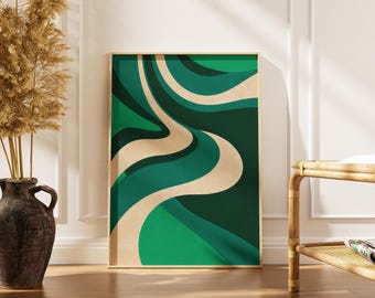 Abstrakcyjny zielony, falisty nadruk | Plakat z organicznymi krzywiznami w stylu mid-century modern
