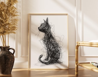 Grafika śniącego kota | Plakat z rysunkiem tuszem | Minimalistyczna dekoracja ścienna