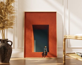 Plakat z mężczyzną w oknie | Plakat z fotografią filmową | Sztuka ścienna w kolorze terakotowym i turkusowym | Minimalistyczna dekoracja z postaciami