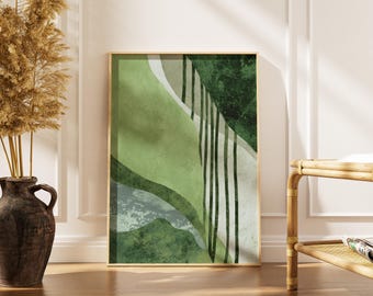 Abstrakcyjny druk botaniczny | Minimalistyczny, nowoczesny plakat w kolorze szałwii i zieleni | Organiczna sztuka ścienna