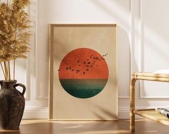 Abstrakcyjny wydruk z ptakami o zachodzie słońca | Terakotowy turkusowy styl retro boho na ścianę