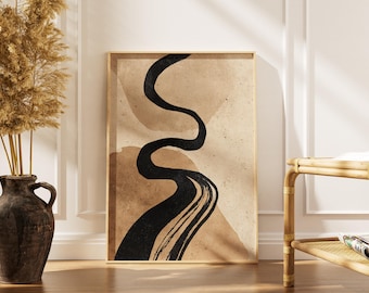 Abstrakcyjny wydruk liniowy | Czarny plakat dekoracyjny w stylu boho z japońskimi pociągnięciami pędzla