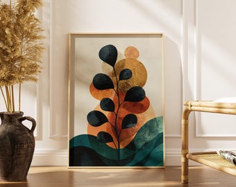 Abstrakcyjny druk botaniczny | Plakat z sylwetką rośliny z połowy XX wieku | Sztuka boho