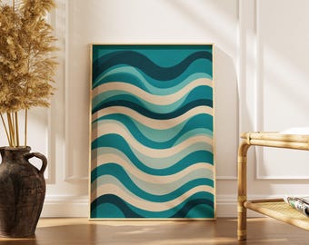 Druk artystyczny Mid Century Modern Teal Waves | Plakat w stylu retro abstrakcyjnym, minimalistyczny wystrój domu