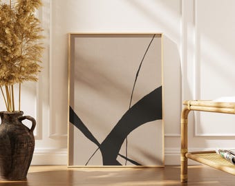 Minimalistyczna sztuka ścienna | Plakat z czarną abstrakcyjną linią | Nowoczesny, neutralny wydruk na płótnie | Skandynawski wystrój domu