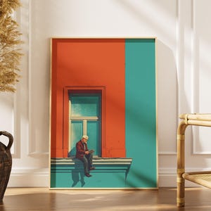 Könnte beinhalten: Ein gerahmter Kunstdruck mit einem Mann, der auf einer Fensterbank liest. Das Kunstwerk hat einen modernen Stil aus der Mitte des Jahrhunderts mit einem Farbblockdesign in Orange, Türkis und Gold. Eine dekorative Vase mit getrockneten Pflanzen befindet sich im Vordergrund.