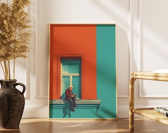Plakat z czytającym mężczyzną | Plakat z ilustracją retro | Pomarańczowo-turkusowa grafika ścienna | Minimalistyczna dekoracja z postacią