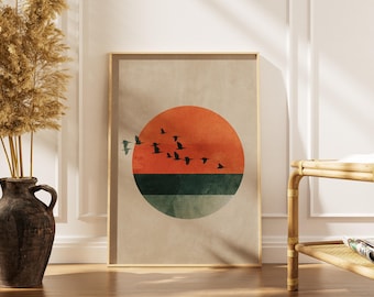 Minimalistyczny nadruk z ptakami o zachodzie słońca | Sztuka ścienna w stylu retro boho w stylu natury (papier satynowy 260 g/m2)