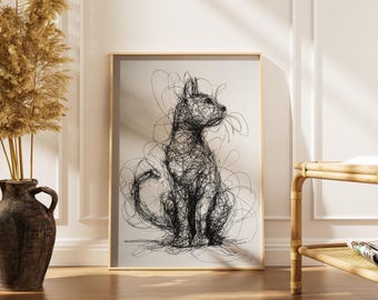 Druk z bazgrołami siedzącego kota | Plakat z ekspresyjną grafiką tuszem | Czarno-biała sztuka ścienna