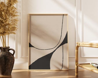 Minimalistyczna sztuka ścienna | Plakat abstrakcyjny z czarną linią | Neutralny, nowoczesny wydruk na płótnie | Skandynawski wystrój domu