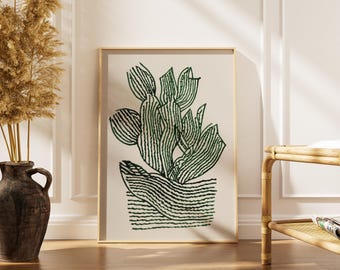 Zielony kaktus – wydruk liniowy | Plakat z rysunkiem tuszem botanicznym (papier muzealny)
