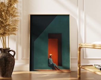 Plakat z siedzącym mężczyzną w drzwiach | Plakat z fotografią filmową | Grafika ścienna w kolorze pomarańczowo-turkusowym | Minimalistyczna dekoracja z postacią