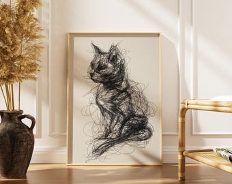 Grafika z kotem | Ekspresyjny rysunek bazgrołów | Minimalistyczny czarno-biały plakat | Dekoracja dla miłośników kotów