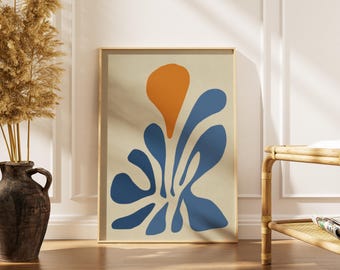 Organiczny abstrakcyjny wydruk | Kobaltowo-niebieski, pomarańczowy plakat Matisse'a | Dekoracja ścienna w stylu boho