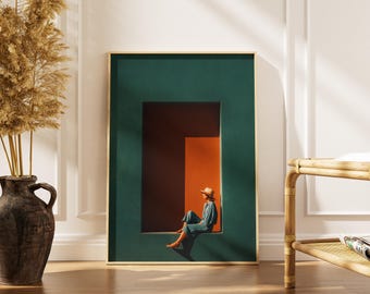 Kobieta w oknie | Plakat z fotografią filmową | Pomarańczowo-turkusowa grafika ścienna | Minimalistyczna dekoracja z postacią
