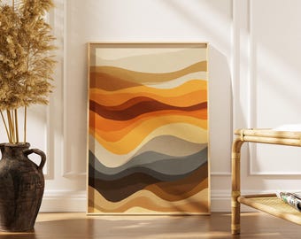 Abstrakcyjny wydruk artystyczny w odcieniach ziemi z motywem pustyni | Falista, warstwowa dekoracja ścienna w stylu boho