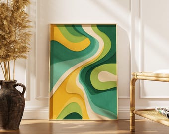 Abstrakcyjna, falująca sztuka ścienna | Zielono-żółty, organiczny wzór | Nowoczesny plakat | Minimalistyczny wystrój