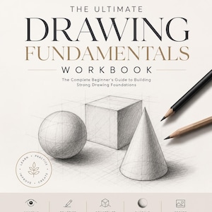 Könnte beinhalten: Ein Arbeitsbuch mit dem Titel The Ultimate Drawing Fundamentals Workbook von Lurexen, das eine Kugel, einen Würfel und einen Kegel sowie zwei Bleistifte zeigt. Das Cover enthält Abschnitte zum Beobachten, Üben, Konstruieren, Schattieren und Erstellen.