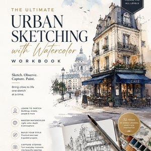 May include: The Lurexen Premium Art Education workbook titled The Ultimate Urban Sketching with Watercolor features a cover illustration of a European cafe scene. It includes a pen, a watercolor palette, and text detailing 32 pages of lessons.
